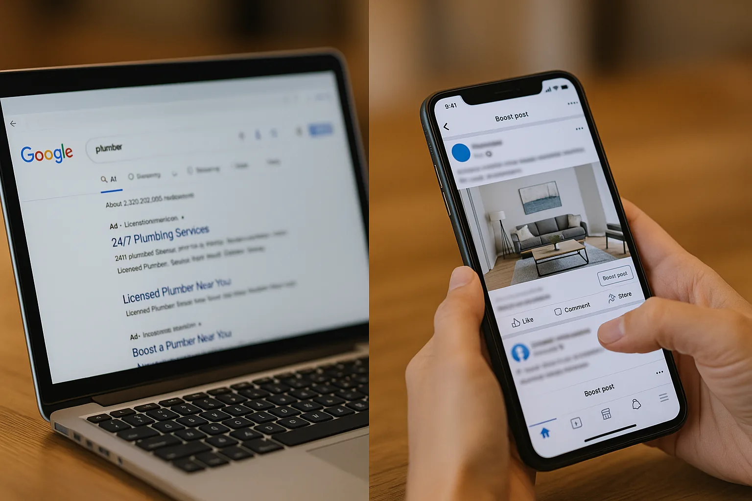 Laptop showing Google Ads vs phone Facebook ad