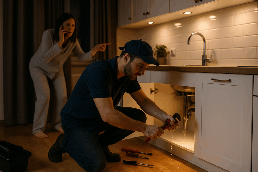 Plumber fixing burst pipe emergency at night