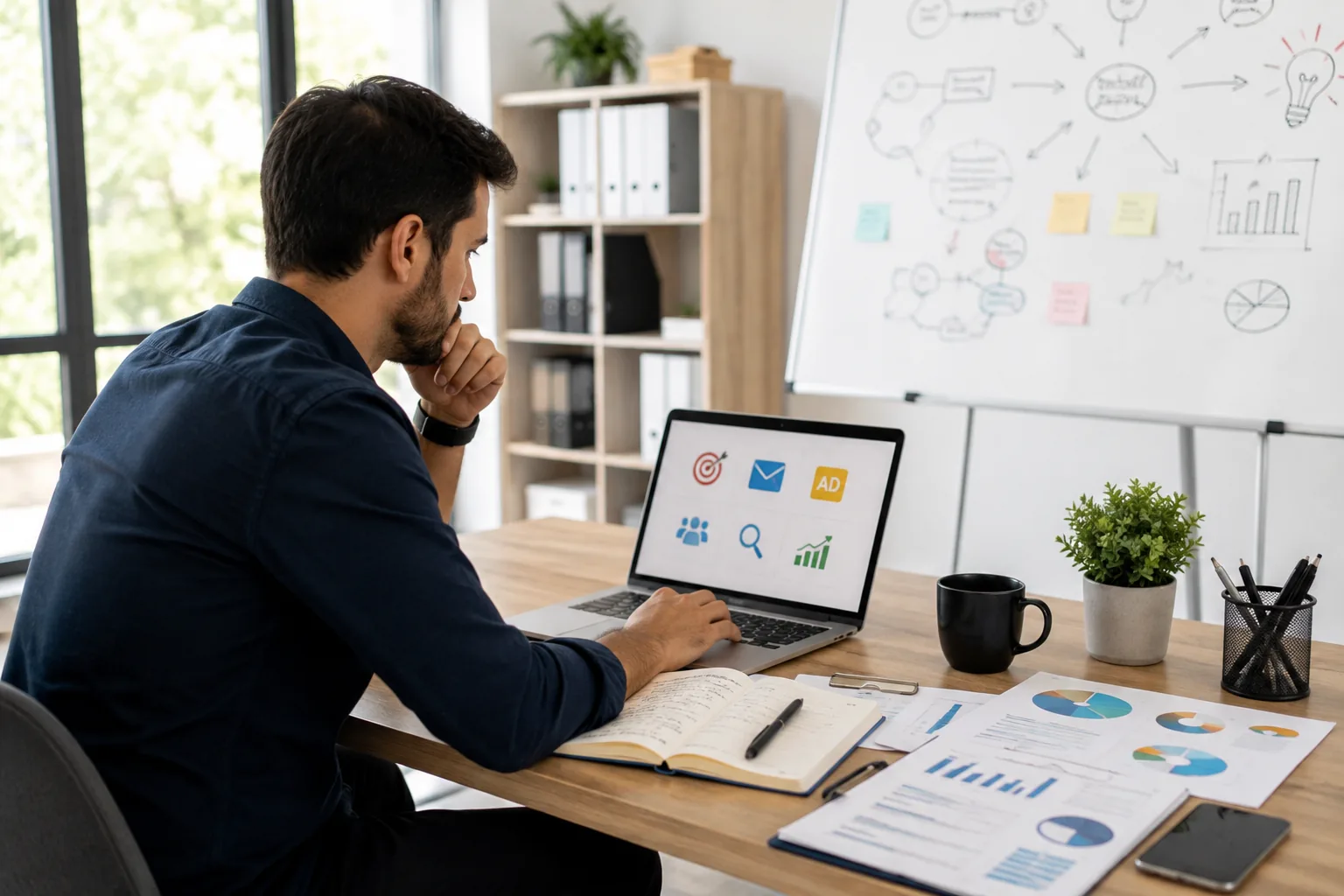 Business owner planning online advertising