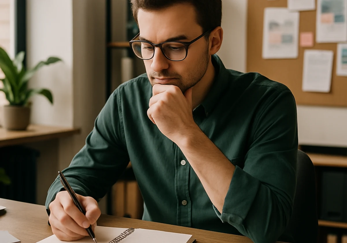 Copywriter sitting at a wooden desk in an office workspace