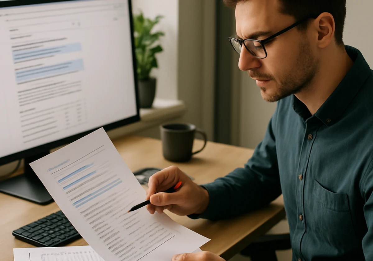 Digital marketing professional at an office desk comparing printed