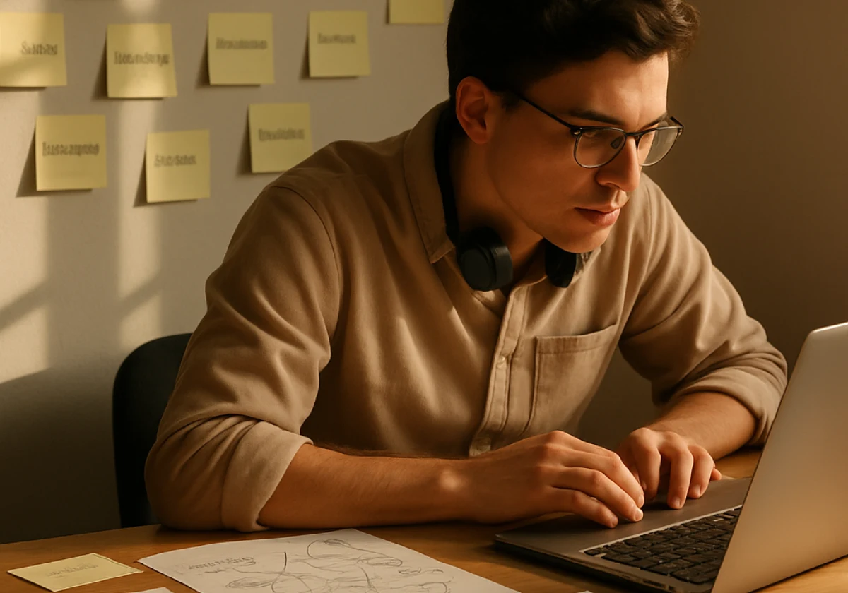 Marketer at a desk surrounded by sticky notes with keywords written