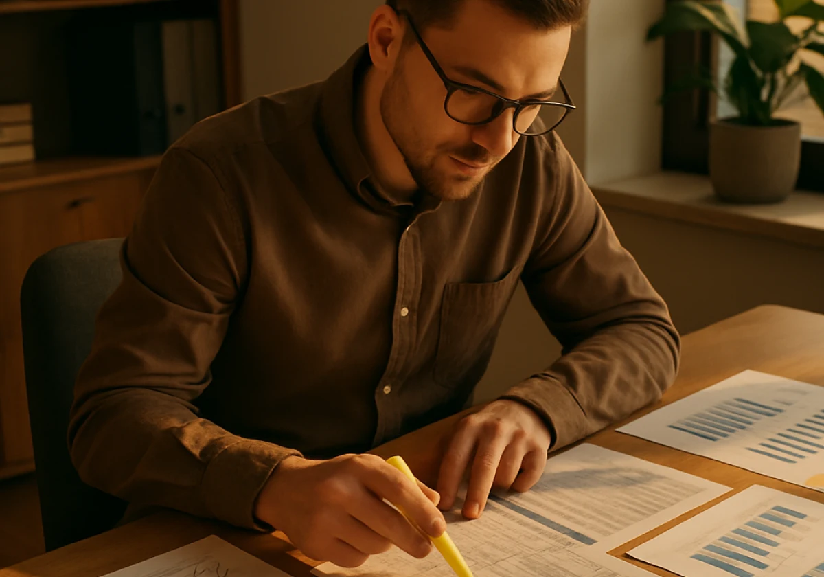 Marketer sitting at a wooden desk with printed analytics reports