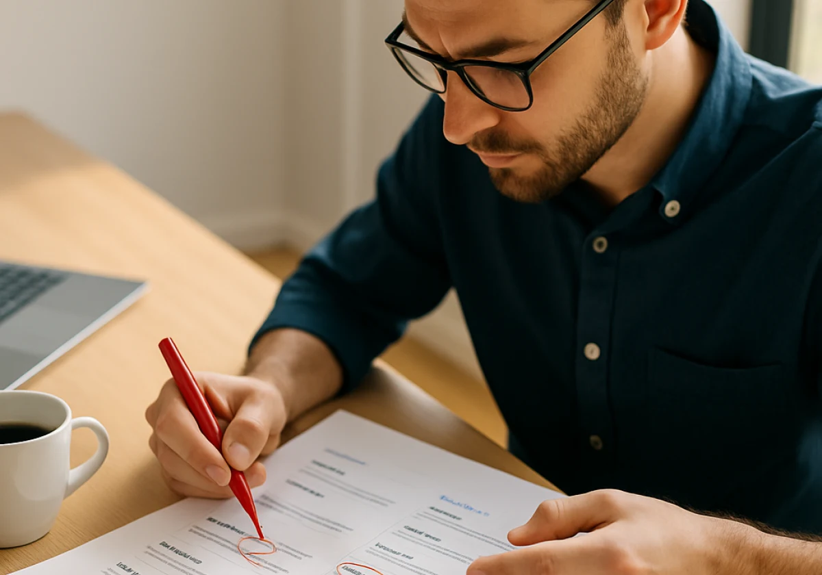 Marketing professional at a modern office desk reviewing printed