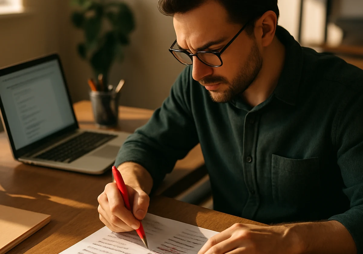 Marketing professional at a wooden desk