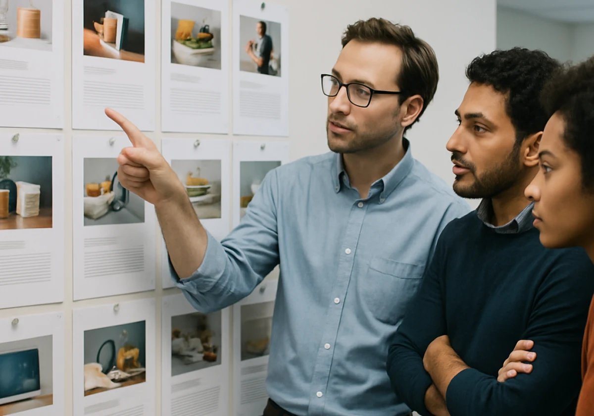 Marketing team of three professionals standing at a wall