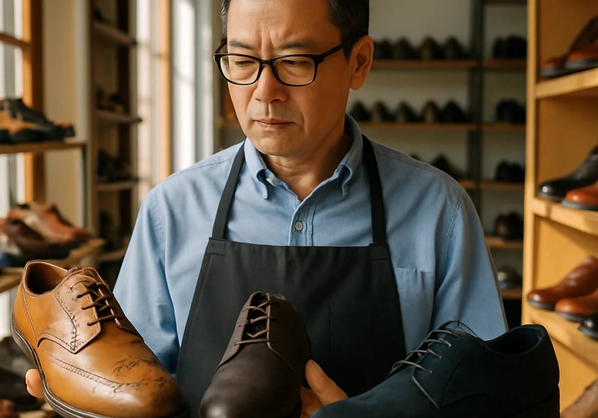 Store manager standing between shelves comparing three different shoe