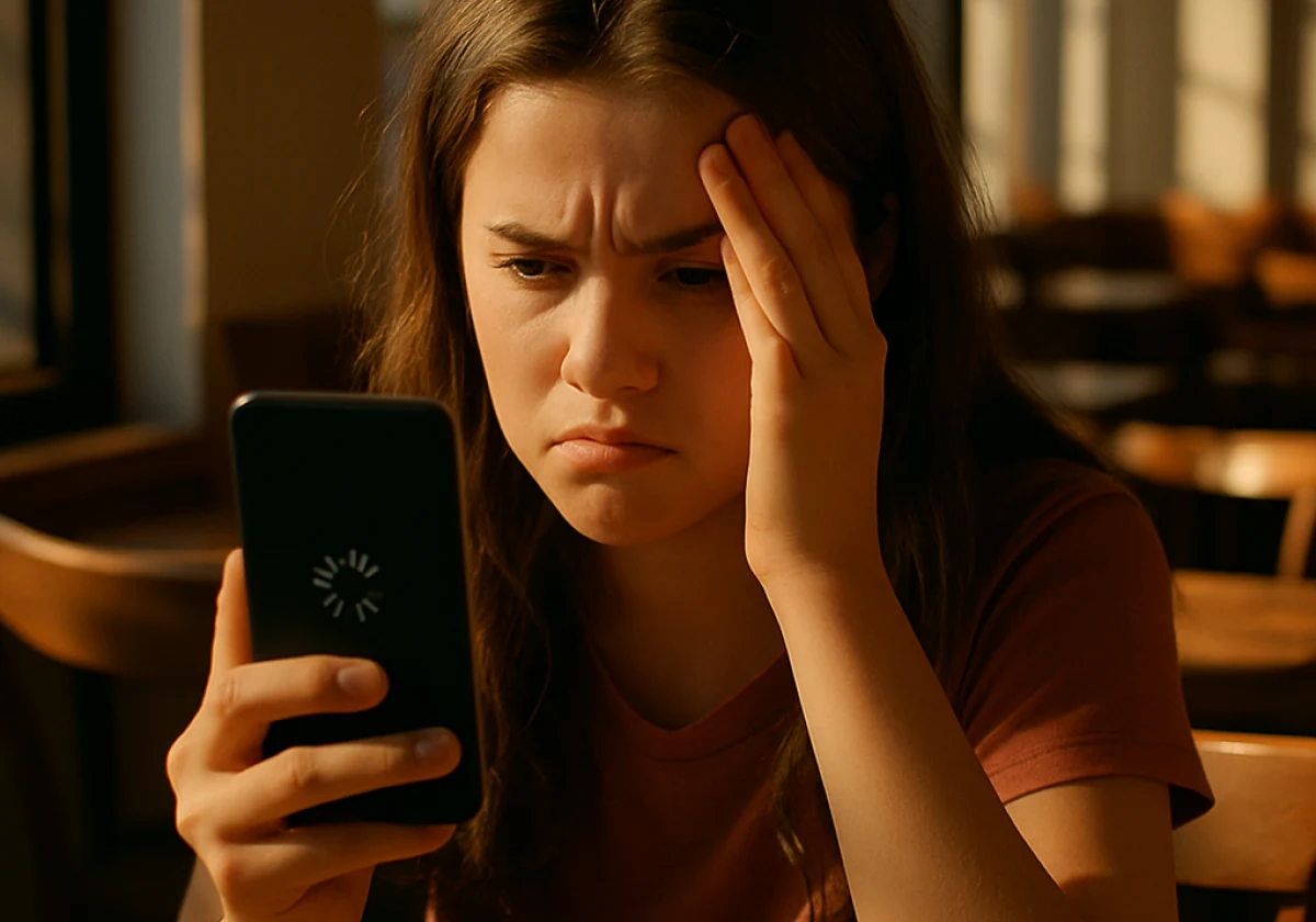 Teenage girl in a coffee shop holding her phone at eye level