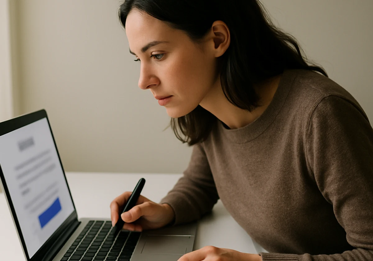 Woman sitting at a white minimalist desk